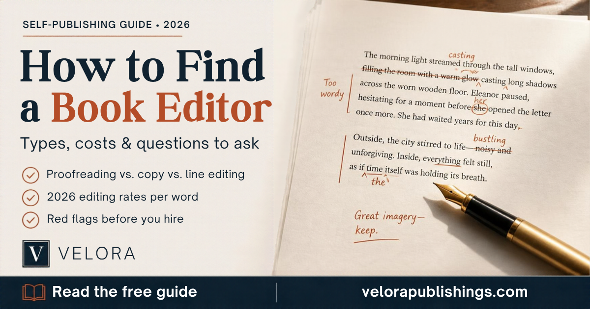 How to find a book editor: types of editing, 2026 editing rates per word and red flags before you hire, shown with an edited manuscript page and fountain pen