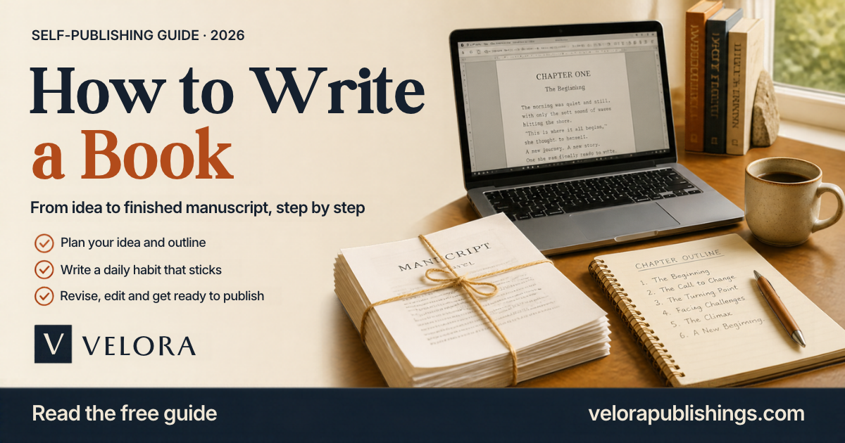 How to write a book: a laptop with a manuscript, a tied stack of printed pages, coffee and a notebook with a chapter outline