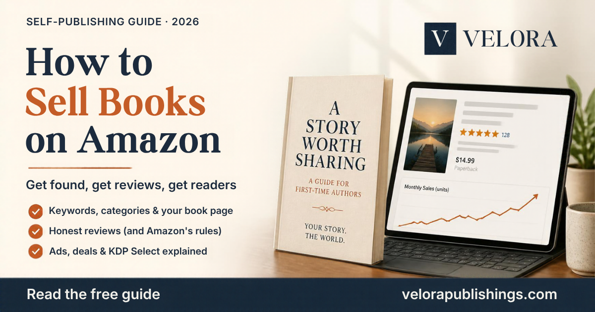 How to sell books on Amazon: a paperback beside a tablet showing a book page with star ratings and rising sales, covering keywords, reviews, ads and KDP Select