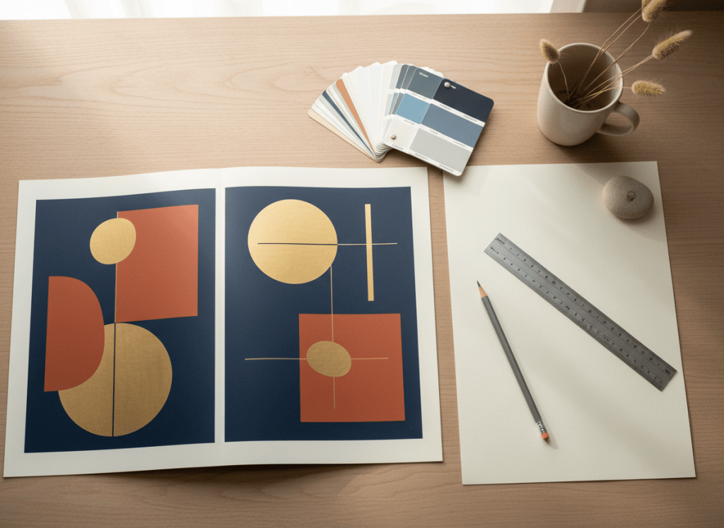 Book cover design proofs and colour swatches on a designer's desk