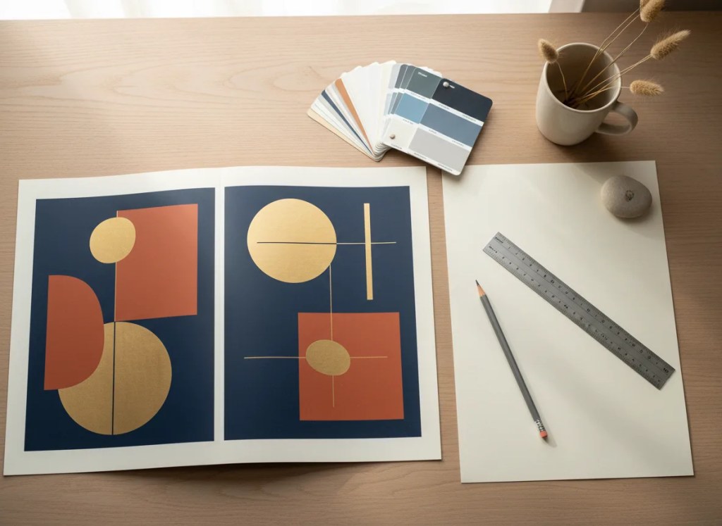 Book cover design proofs and colour swatches on a designer's desk