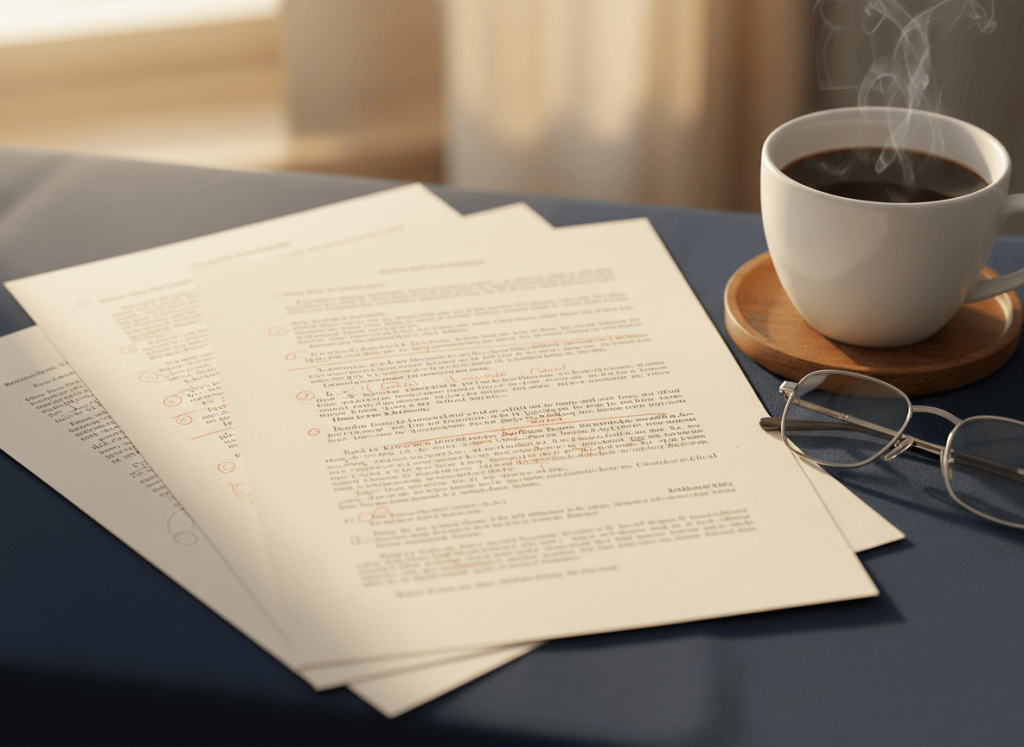 Manuscript pages being edited with a red pencil