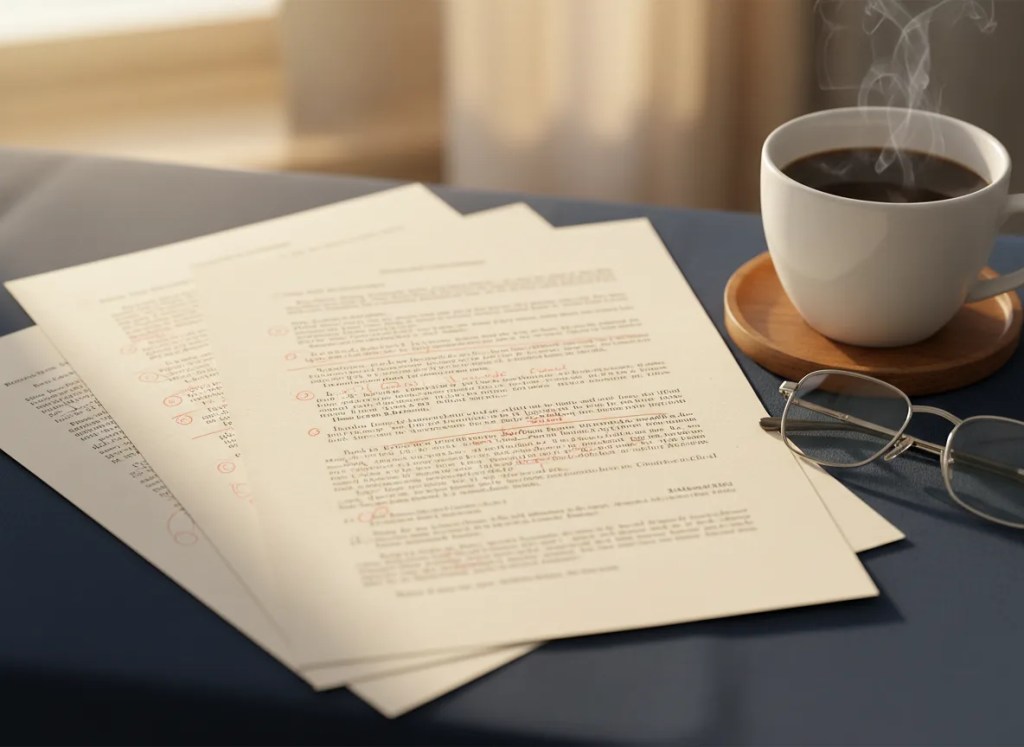 Manuscript pages being edited with a red pencil