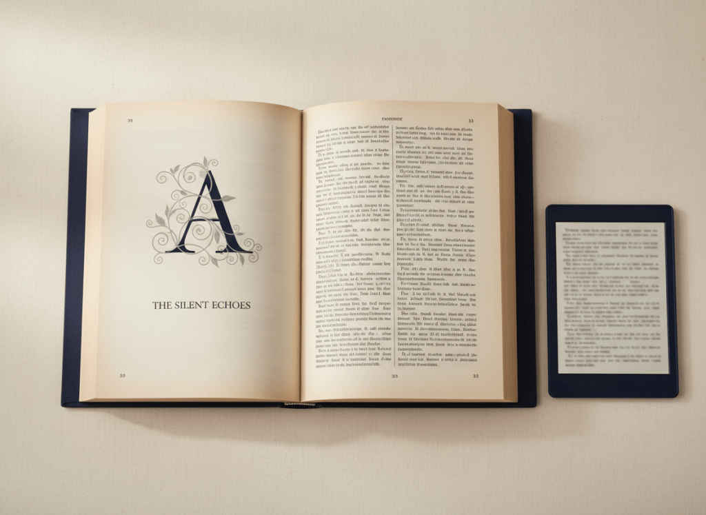 An open book showing professionally typeset pages beside an e-reader
