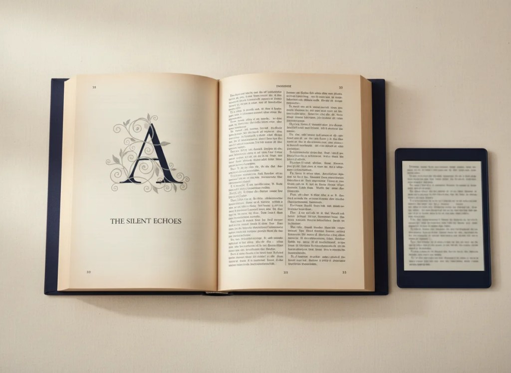 An open book showing professionally typeset pages beside an e-reader