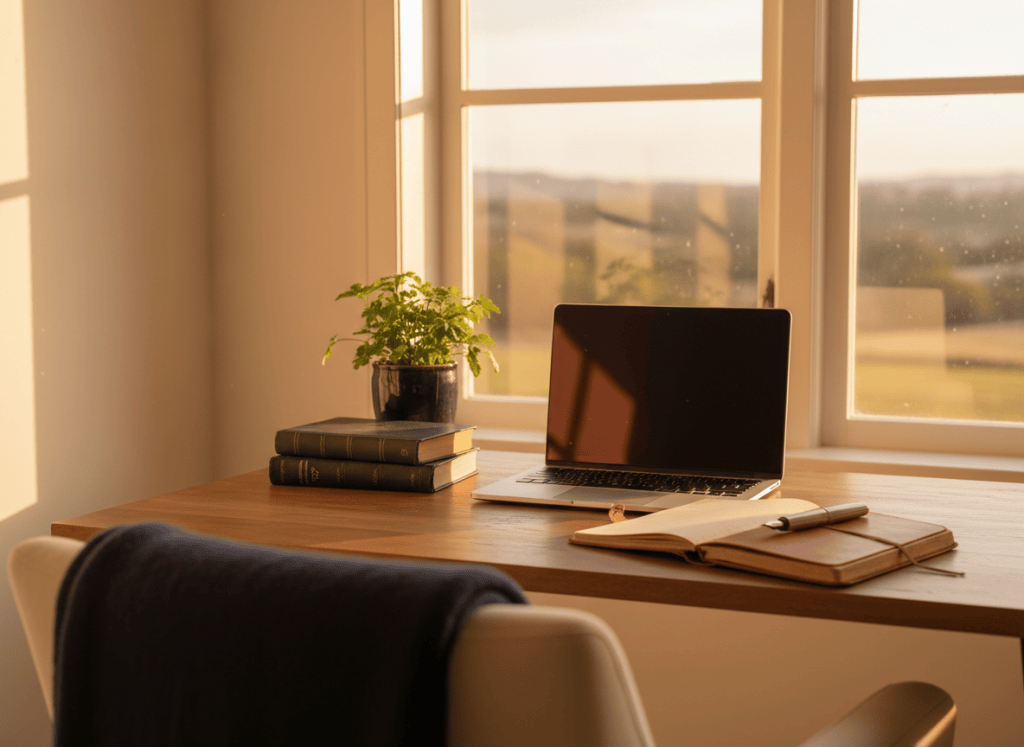 A writer's desk with notebook, pen and books in warm light