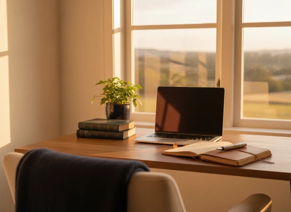 A writer's desk with notebook, pen and books in warm light